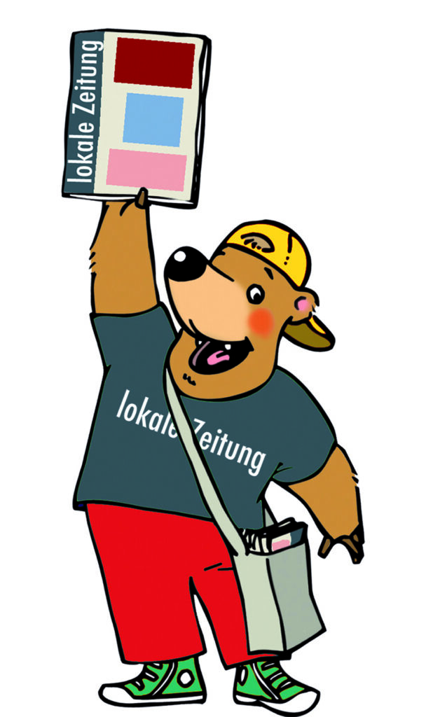 Ein Bär als Zeitungsausträger (Beispiel für eine Sympathiefigur) streckt eine Zeitung in die Höhe